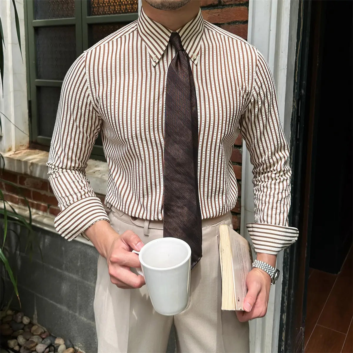 Men’s Seersucker Breathable Stripes Long-sleeved Shirt