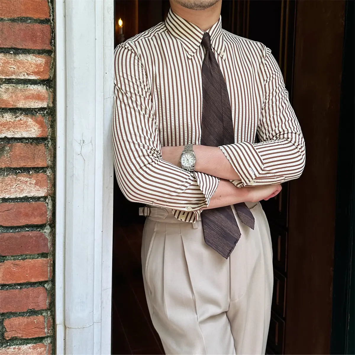 Men’s Seersucker Breathable Stripes Long-sleeved Shirt