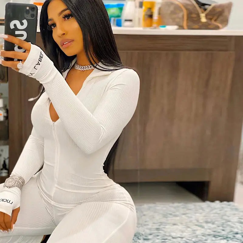 Women’s Zipper Stretch Turtleneck And Embroidered Slim Fit Fitness Jumpsuit Yoga Suit