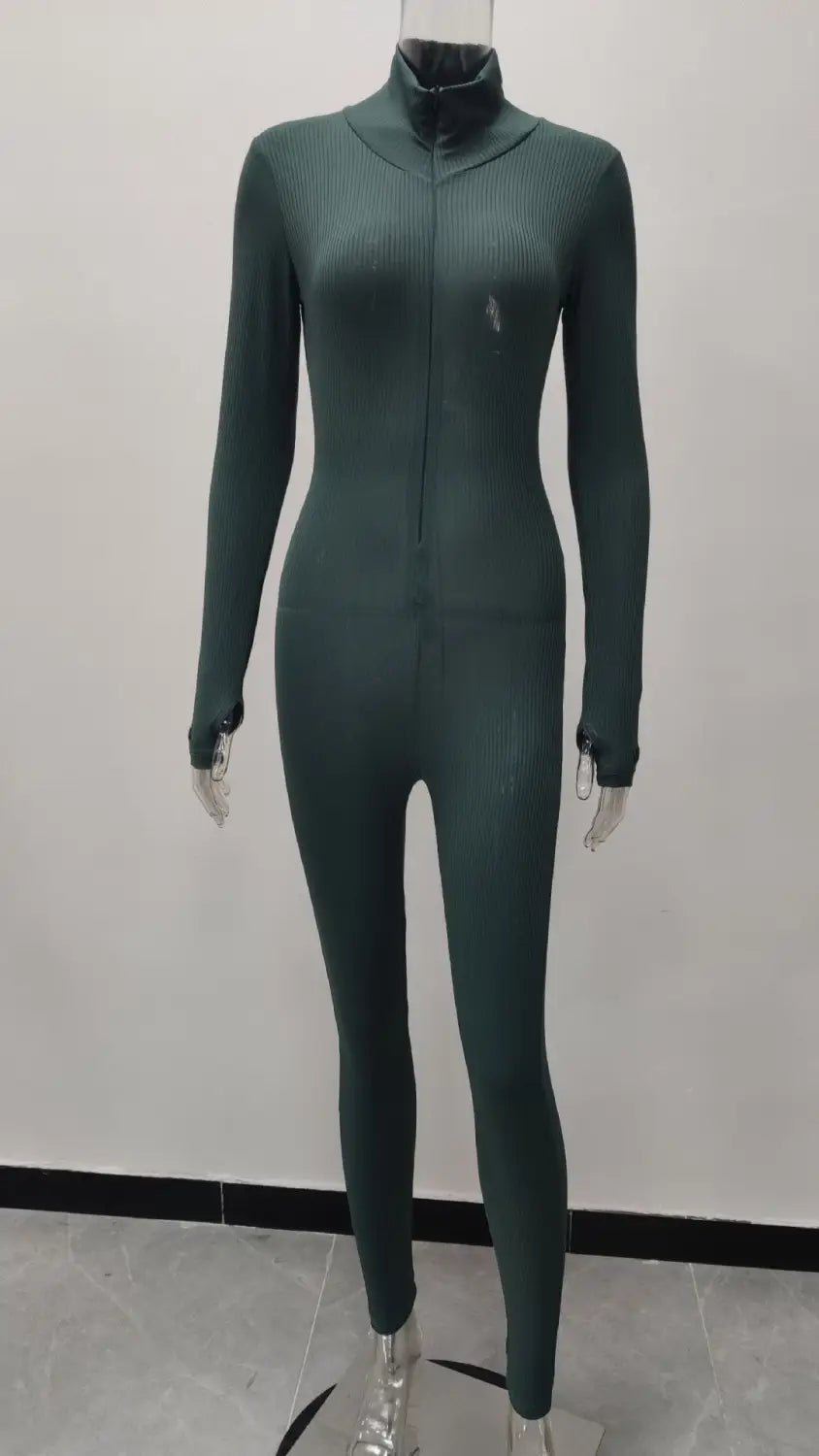 Women’s Zipper Stretch Turtleneck And Embroidered Slim Fit Fitness Jumpsuit Yoga Suit