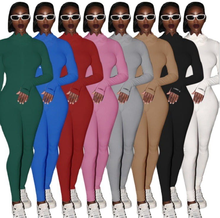 Women’s Zipper Stretch Turtleneck And Embroidered Slim Fit Fitness Jumpsuit Yoga Suit