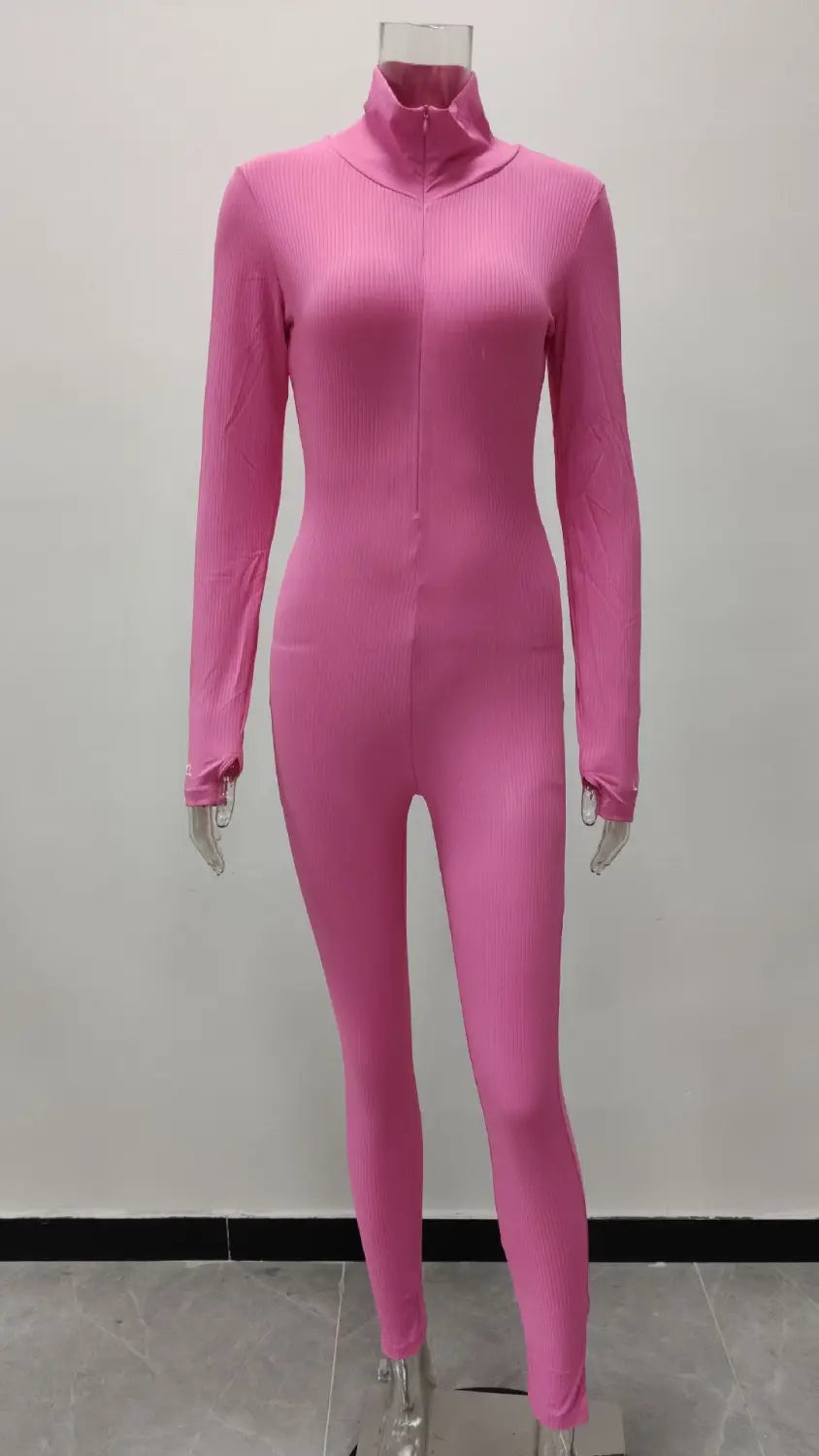 Women’s Zipper Stretch Turtleneck And Embroidered Slim Fit Fitness Jumpsuit Yoga Suit