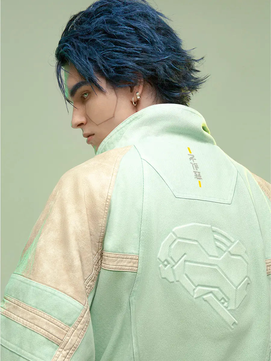 Chinese Style Leather Patchwork Washed Thickened Short Jacket