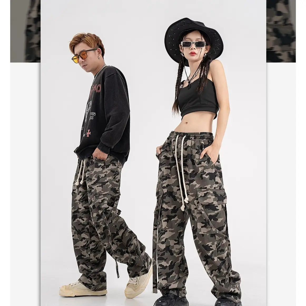 High Street Elastic Waist Camouflage Workwear Wide Leg Trousers