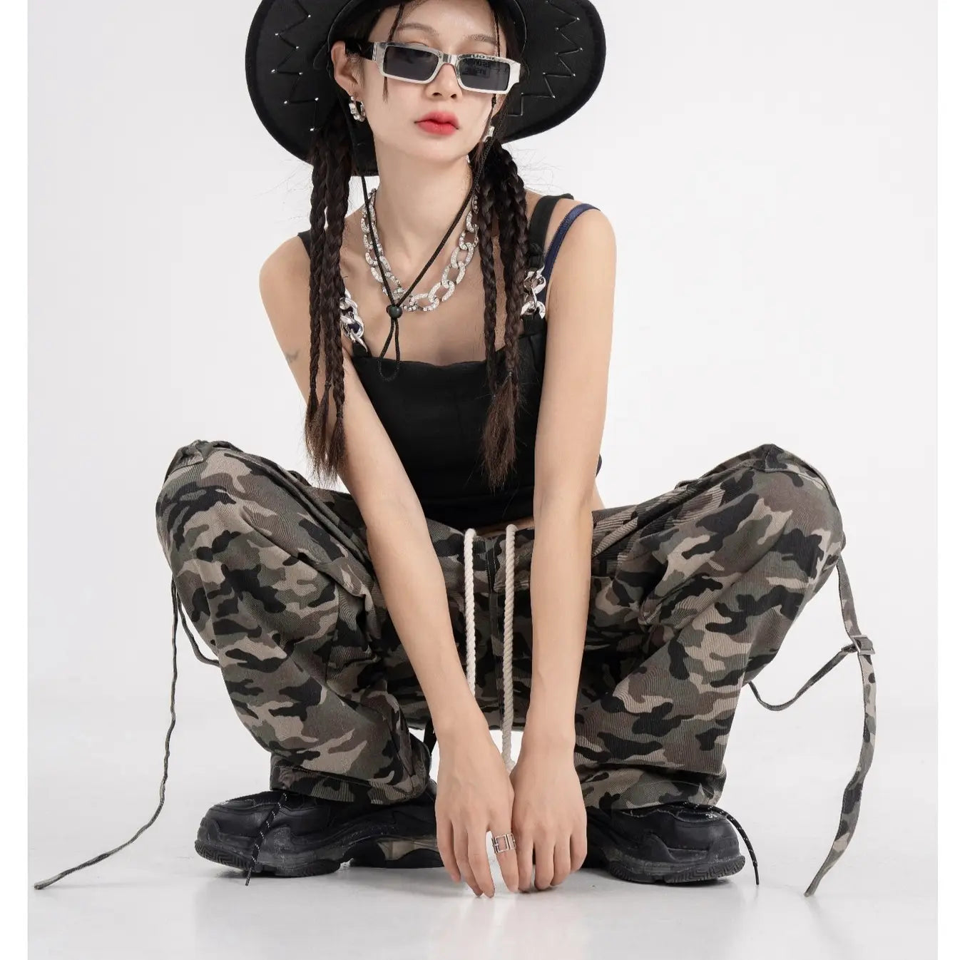High Street Elastic Waist Camouflage Workwear Wide Leg Trousers