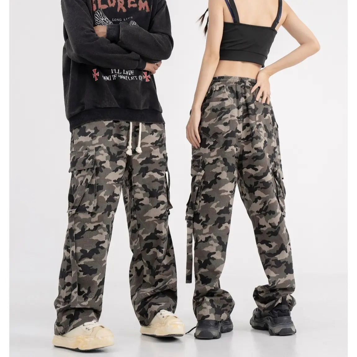 High Street Elastic Waist Camouflage Workwear Wide Leg Trousers
