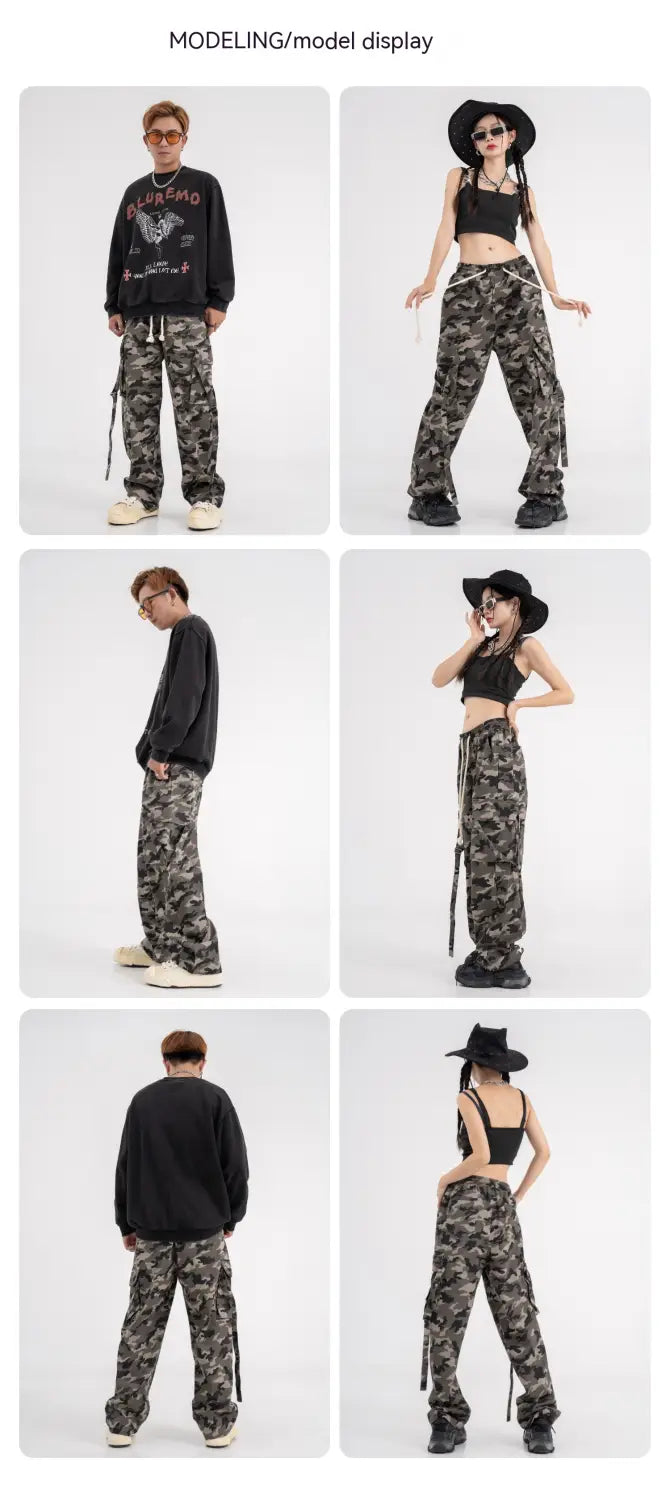 High Street Elastic Waist Camouflage Workwear Wide Leg Trousers