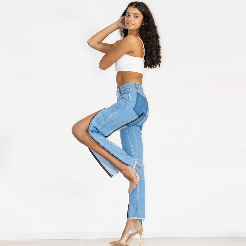 Light Blue Zipper Personality Design Irregular Skinny Jeans