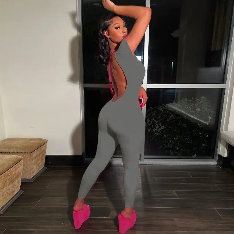 Women’s Casual Round Neck Solid Color Short Sleeve Backless Skinny Hip Raise Personality One-piece Trousers