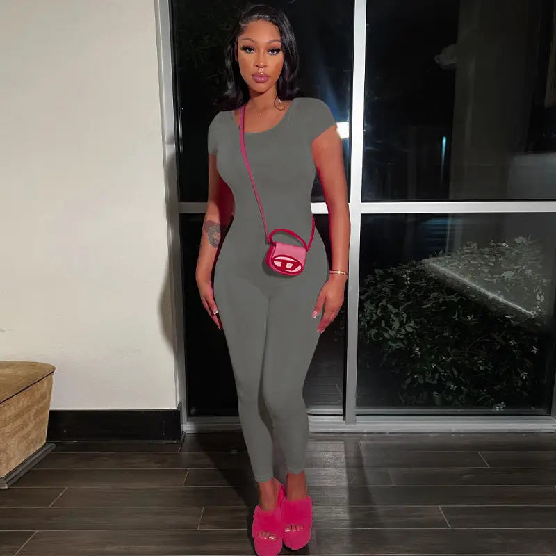 Women’s Casual Round Neck Solid Color Short Sleeve Backless Skinny Hip Raise Personality One-piece Trousers