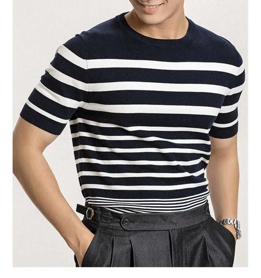 Men’s Short-sleeved Polo Shirt Retro Gradient Striped Knitted T-shirt