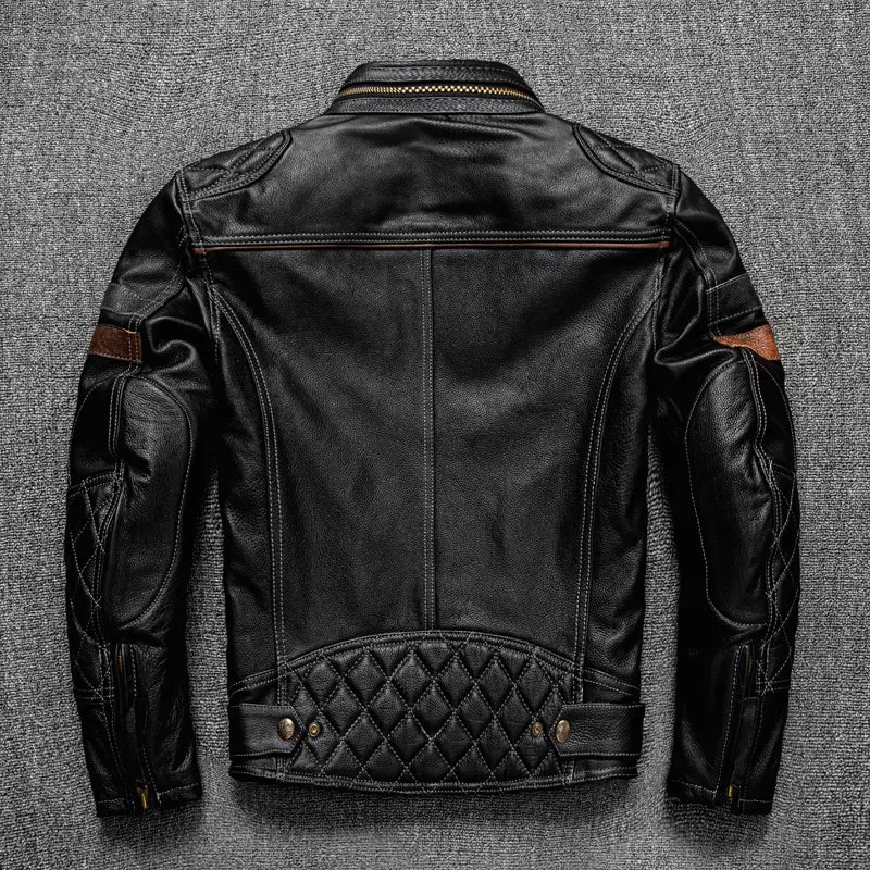 First Layer Cowhide Leather Coat Men’s Stand Collar Motorcycle Cycling Clothing
