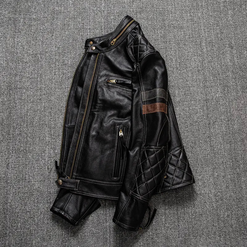 First Layer Cowhide Leather Coat Men’s Stand Collar Motorcycle Cycling Clothing