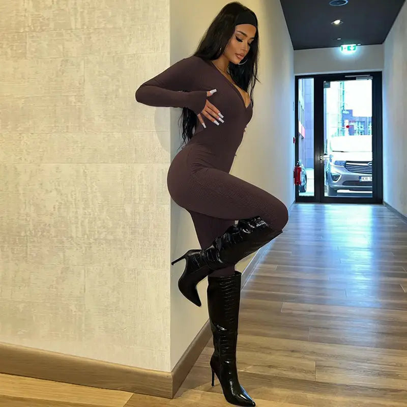 Solid Color Slim Fit Sports Long Sleeve Jumpsuit