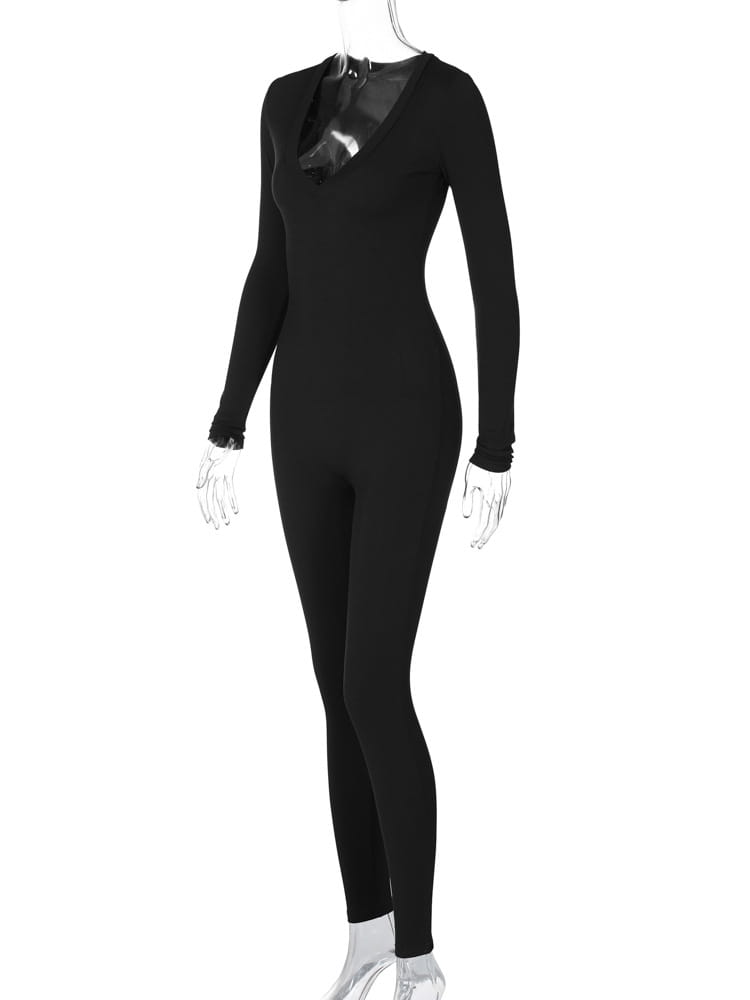 Solid Color Slim Fit Sports Long Sleeve Jumpsuit