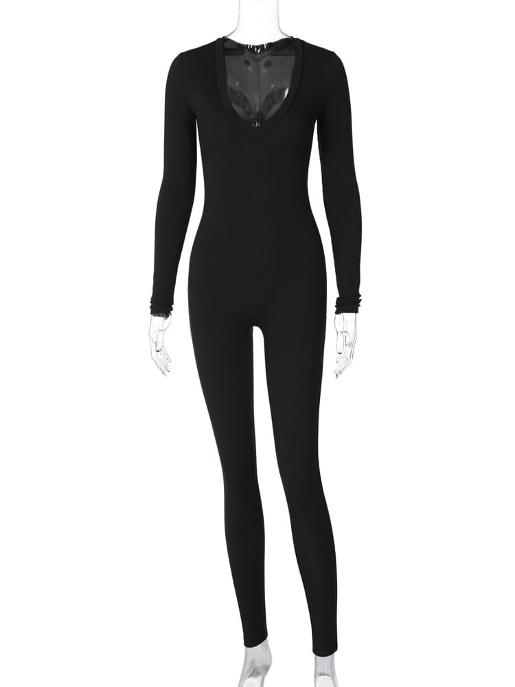 Solid Color Slim Fit Sports Long Sleeve Jumpsuit