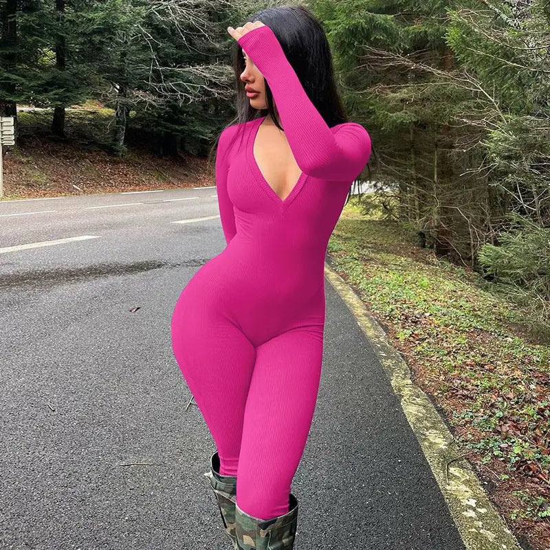 Solid Color Slim Fit Sports Long Sleeve Jumpsuit