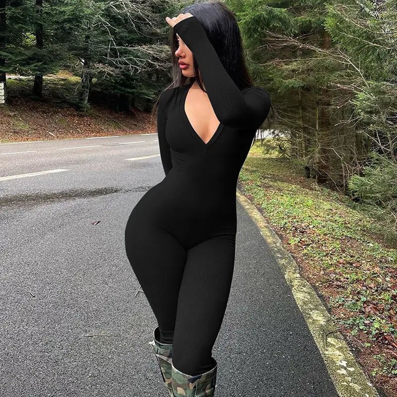 Solid Color Slim Fit Sports Long Sleeve Jumpsuit