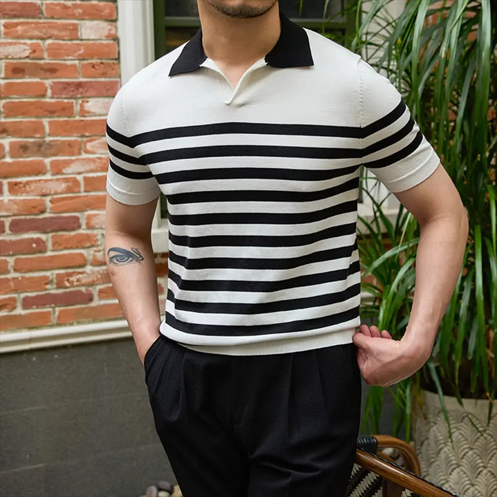 Lapel Lyocell Short Sleeve Fashion Breathable Stripes Polo Shirt