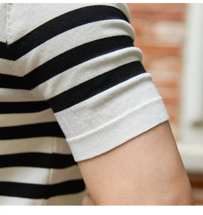 Lapel Lyocell Short Sleeve Fashion Breathable Stripes Polo Shirt
