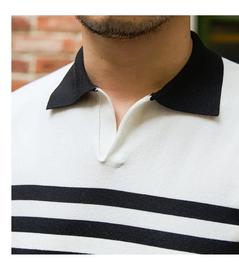 Lapel Lyocell Short Sleeve Fashion Breathable Stripes Polo Shirt