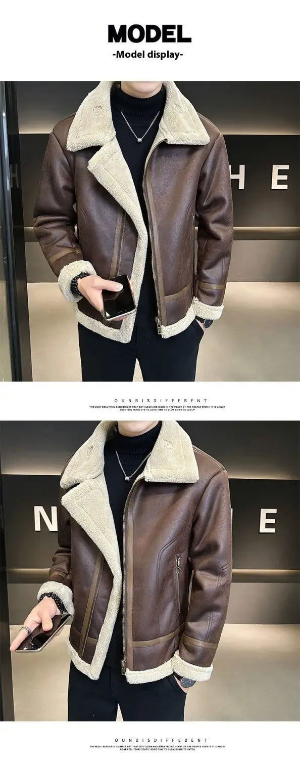 Fur Integrated Motorcycle Jacket Men’s Fleece-lined Thickened Leather Jacket