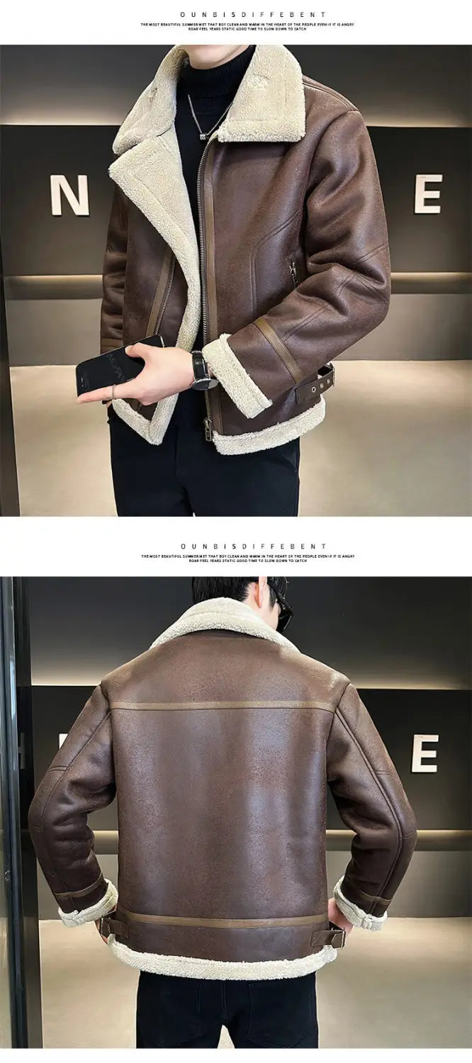Fur Integrated Motorcycle Jacket Men’s Fleece-lined Thickened Leather Jacket