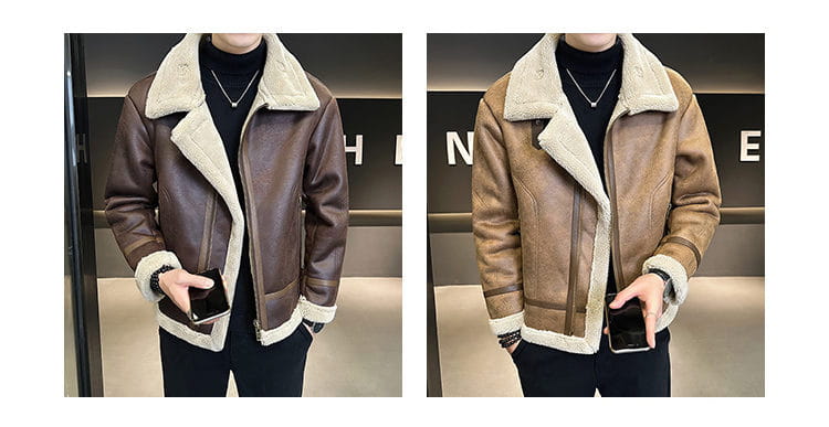 Fur Integrated Motorcycle Jacket Men’s Fleece-lined Thickened Leather Jacket