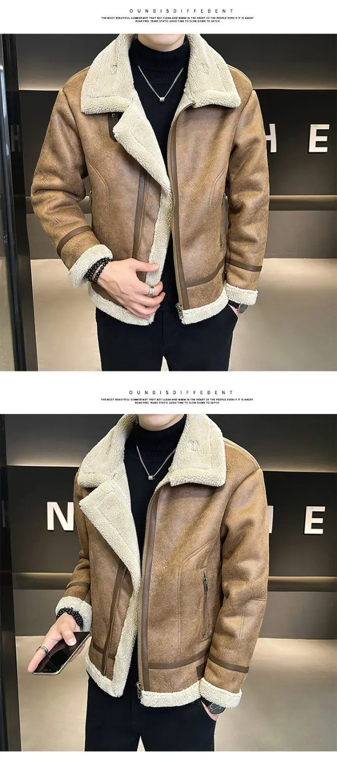 Fur Integrated Motorcycle Jacket Men’s Fleece-lined Thickened Leather Jacket