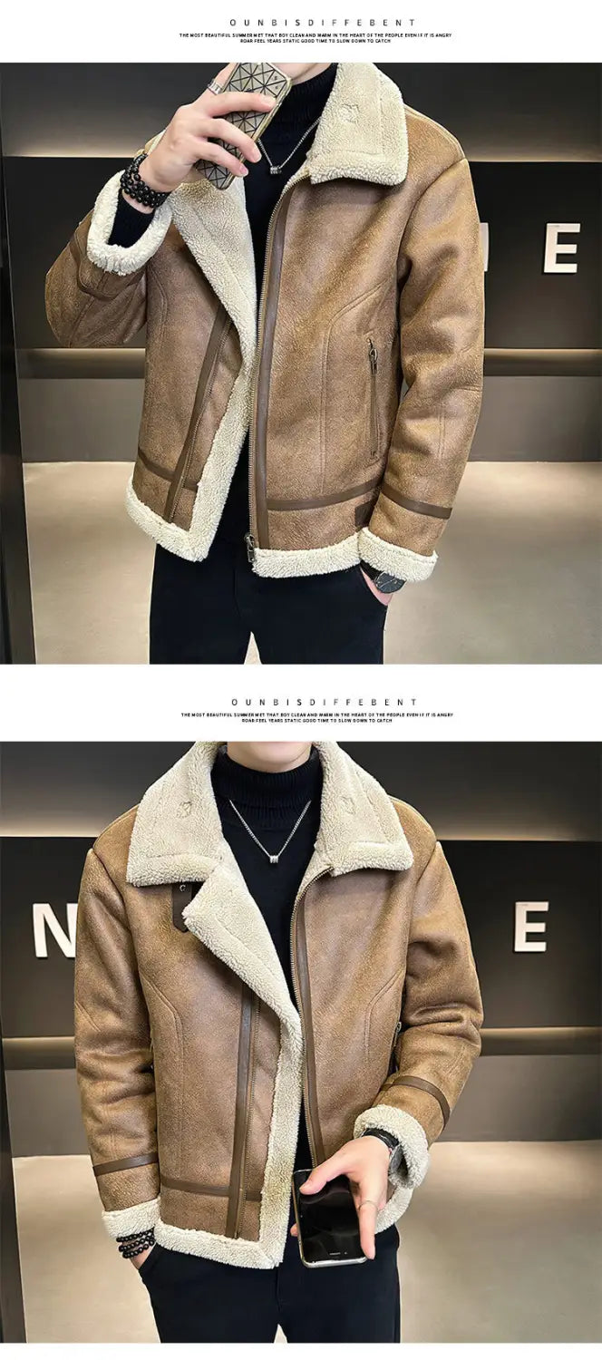 Fur Integrated Motorcycle Jacket Men’s Fleece-lined Thickened Leather Jacket