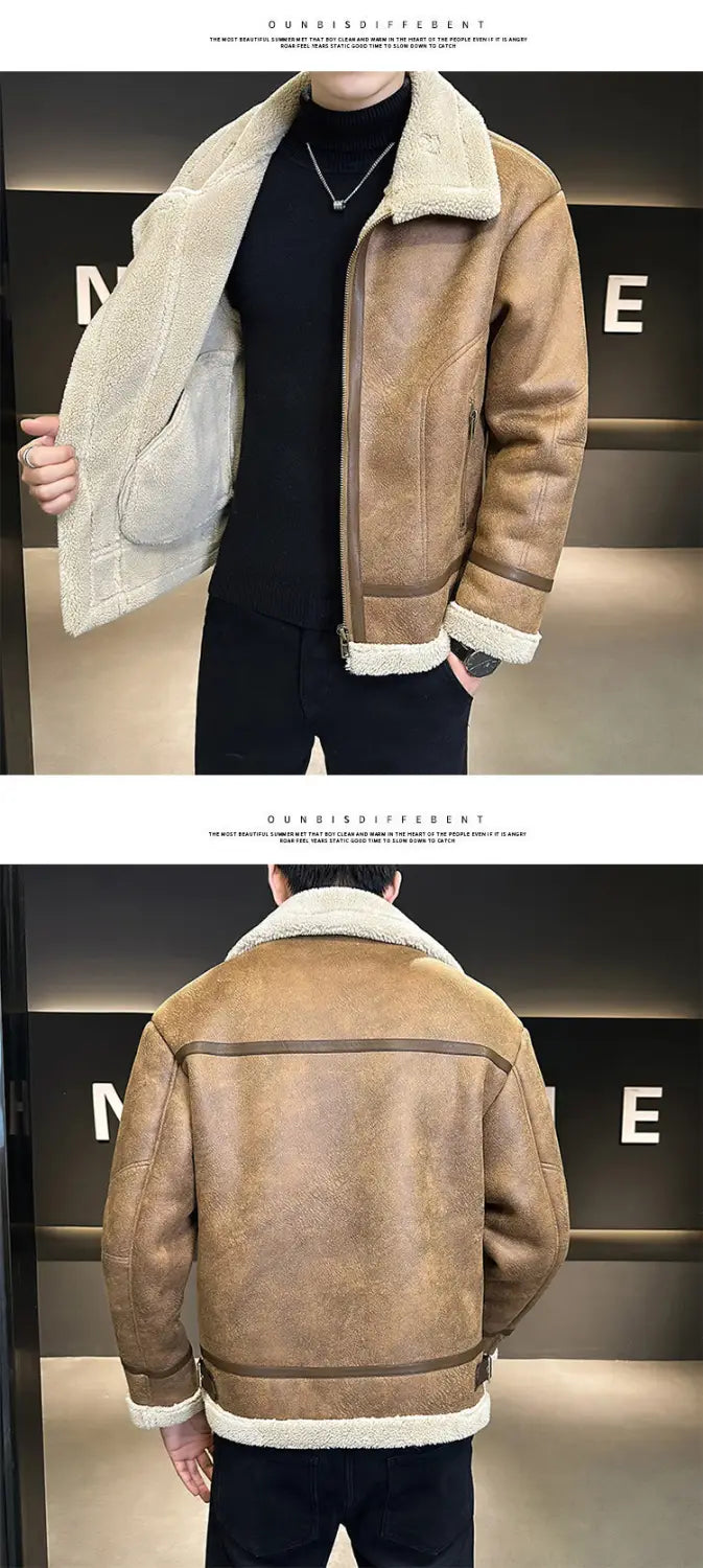 Fur Integrated Motorcycle Jacket Men’s Fleece-lined Thickened Leather Jacket