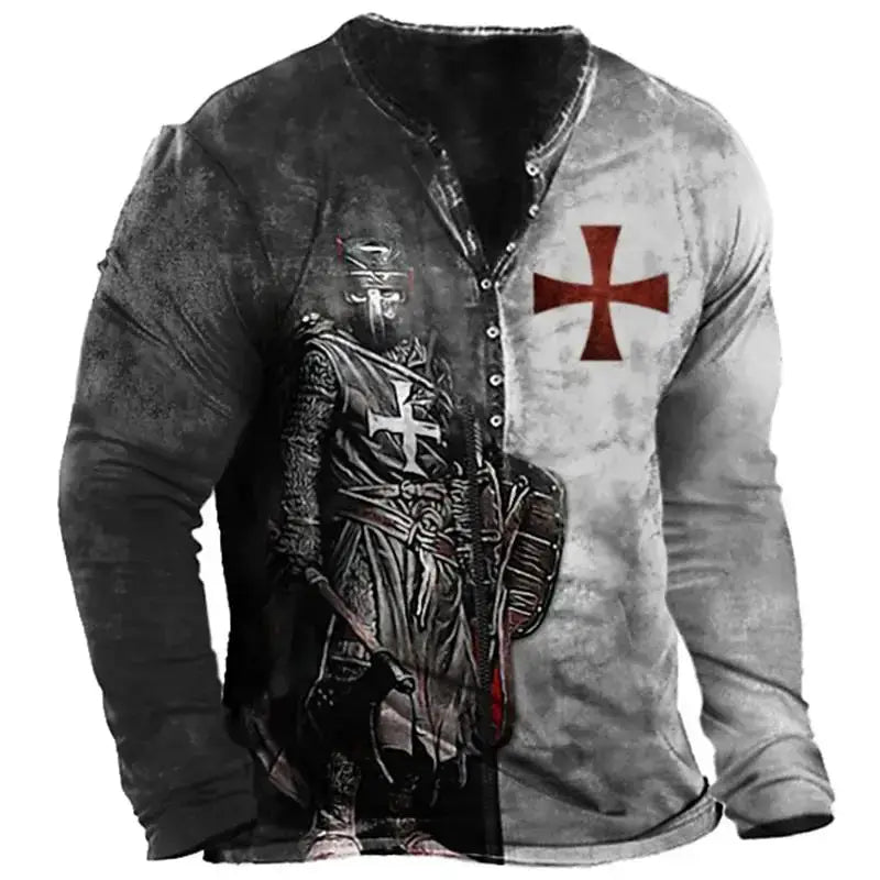 Open Placket Button Digital Printing Men’s Long-sleeved T-shirt