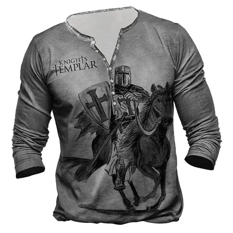 Open Placket Button Digital Printing Men’s Long-sleeved T-shirt