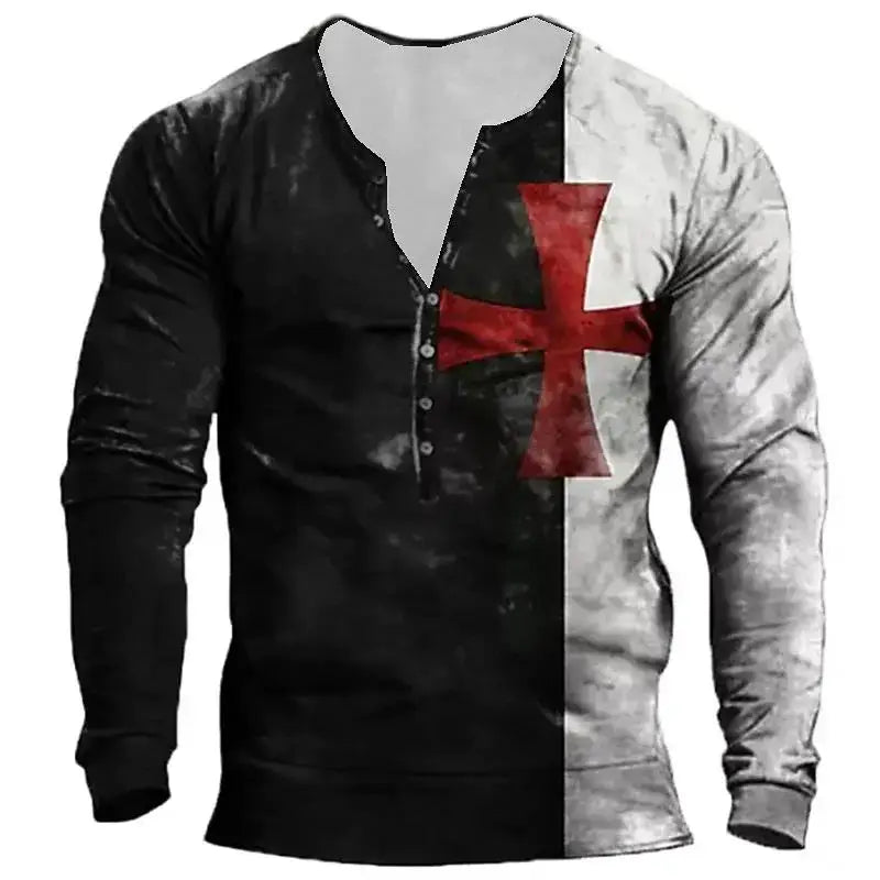 Open Placket Button Digital Printing Men’s Long-sleeved T-shirt