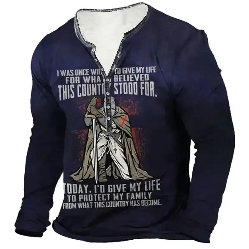 Open Placket Button Digital Printing Men’s Long-sleeved T-shirt