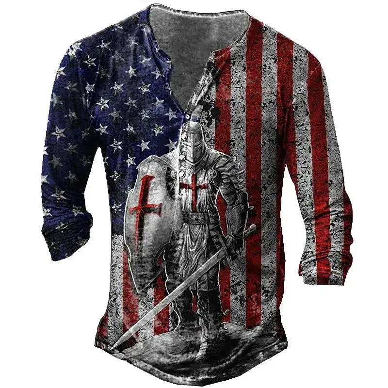 Open Placket Button Digital Printing Men’s Long-sleeved T-shirt