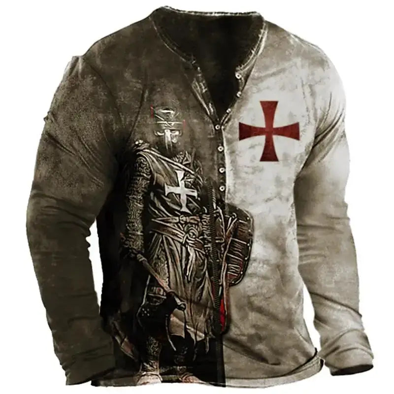 Open Placket Button Digital Printing Men’s Long-sleeved T-shirt