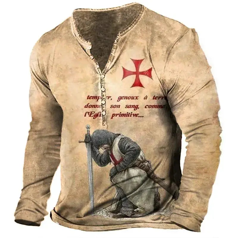Open Placket Button Digital Printing Men’s Long-sleeved T-shirt