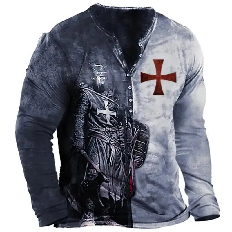 Open Placket Button Digital Printing Men’s Long-sleeved T-shirt