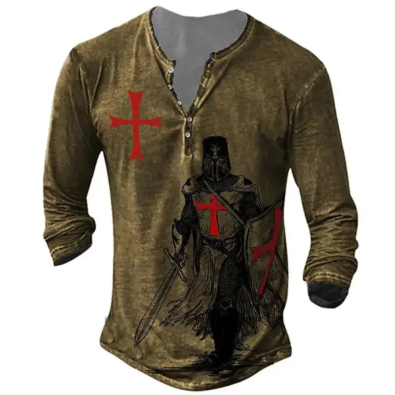 Open Placket Button Digital Printing Men’s Long-sleeved T-shirt