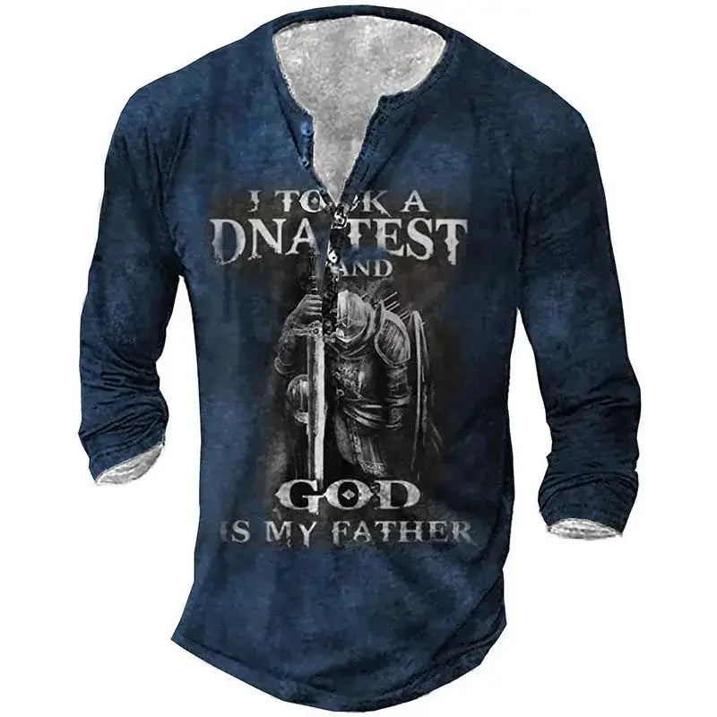 Open Placket Button Digital Printing Men’s Long-sleeved T-shirt