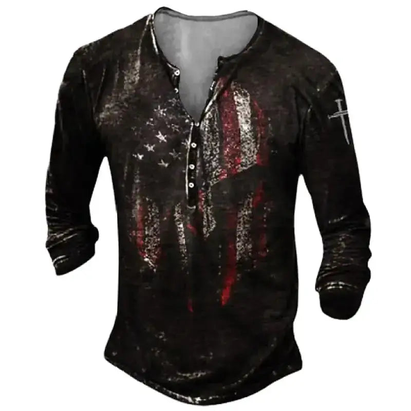 Open Placket Button Digital Printing Men’s Long-sleeved T-shirt