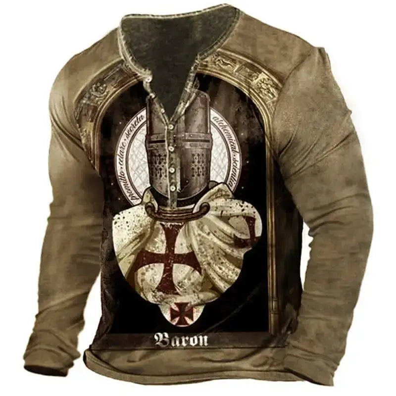 Open Placket Button Digital Printing Men’s Long-sleeved T-shirt