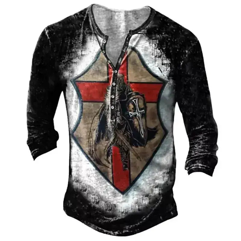Open Placket Button Digital Printing Men’s Long-sleeved T-shirt
