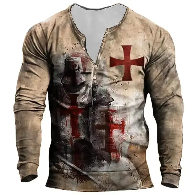 Open Placket Button Digital Printing Men’s Long-sleeved T-shirt