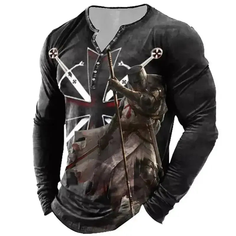 Open Placket Button Digital Printing Men’s Long-sleeved T-shirt