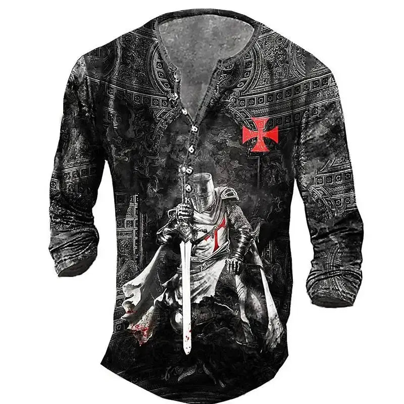 Open Placket Button Digital Printing Men’s Long-sleeved T-shirt
