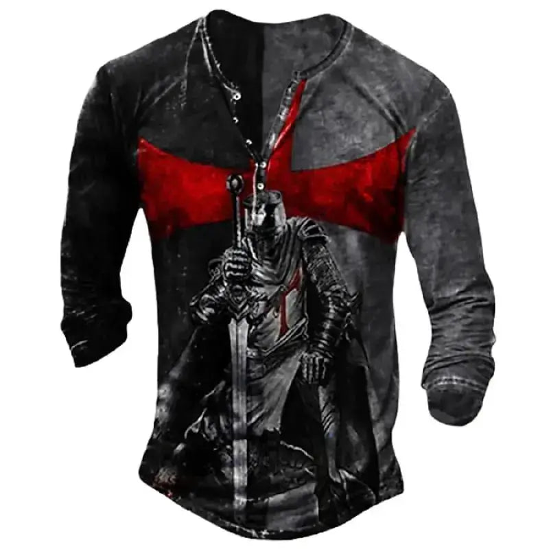 Open Placket Button Digital Printing Men’s Long-sleeved T-shirt