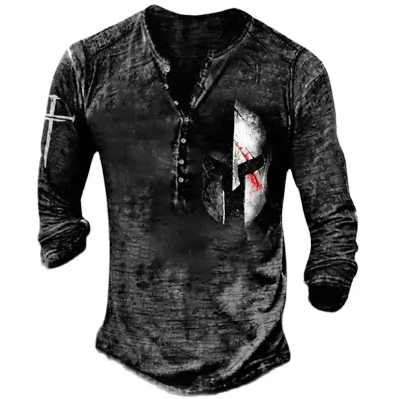 Open Placket Button Digital Printing Men’s Long-sleeved T-shirt