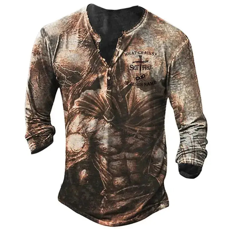 Open Placket Button Digital Printing Men’s Long-sleeved T-shirt